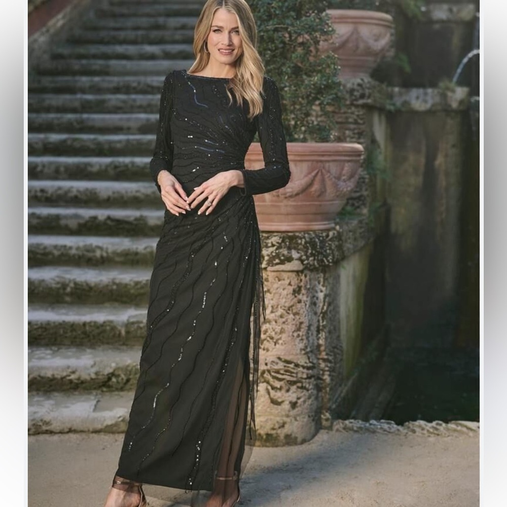 Adrianna Papell Black Beaded Long Sleeve Maxi Dress
